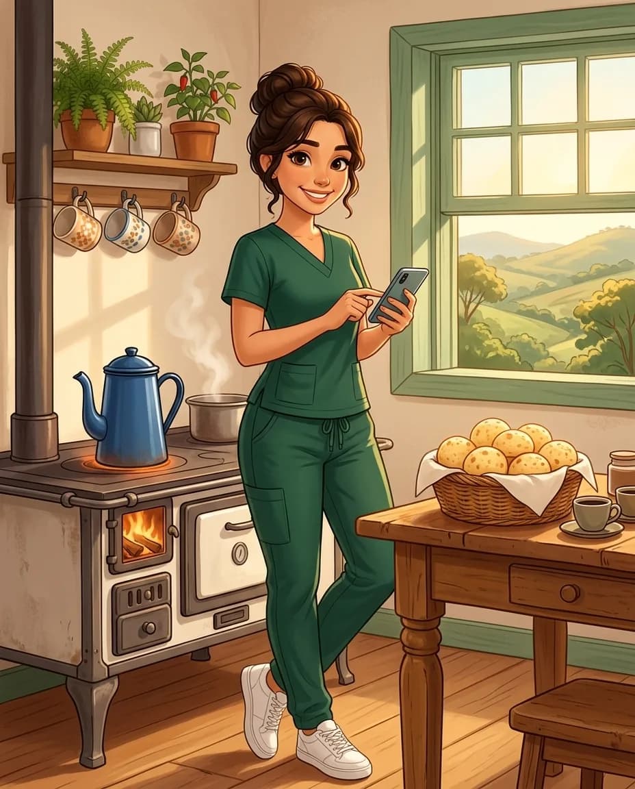Clara, enfermeira da Remediandocê, numa cozinha mineira com café passado e pão de queijo