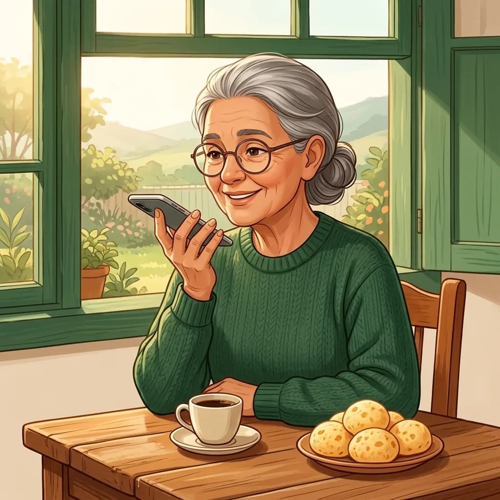 Vovó mandando mensagem de áudio no celular, com café e pão de queijo na mesa